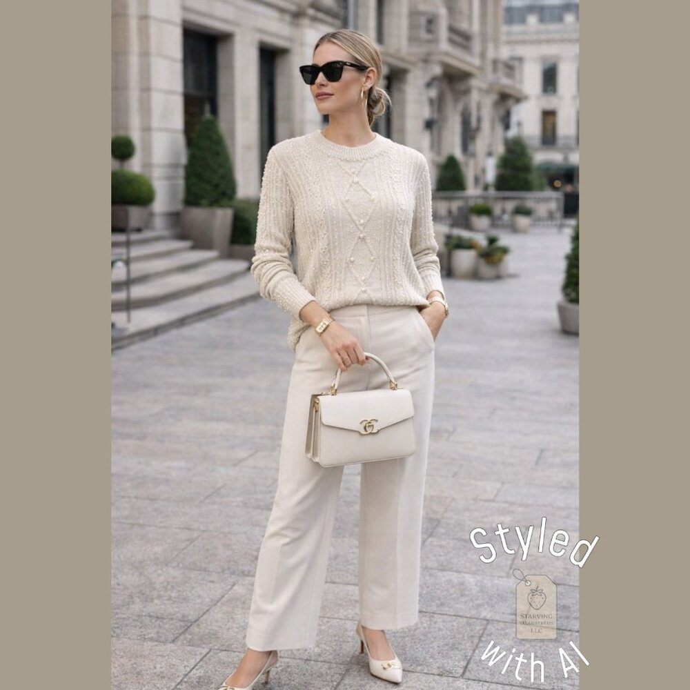 Karl Lagerfeld Paris Sweater XS Ivory Pearl Embellished Cable Knit Crew Neck - Picture 3 of 7